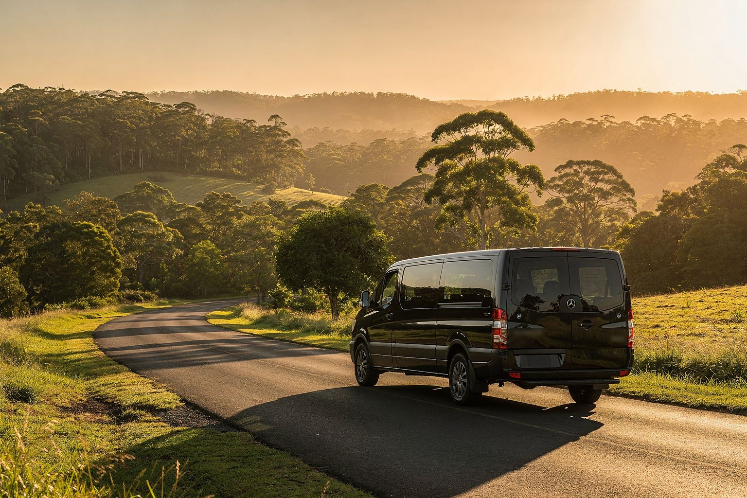 A black Mercedes Sprinter on a hinterland road at golden hour