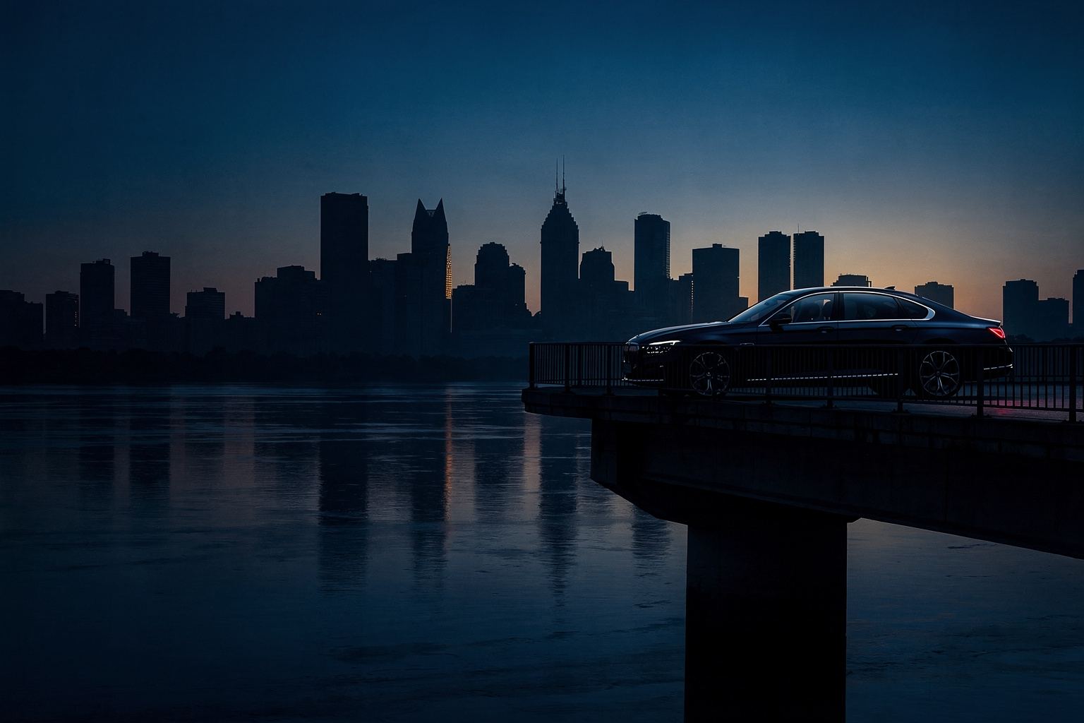 A black sedan crossing a bridge in front of a city skyline at dusk