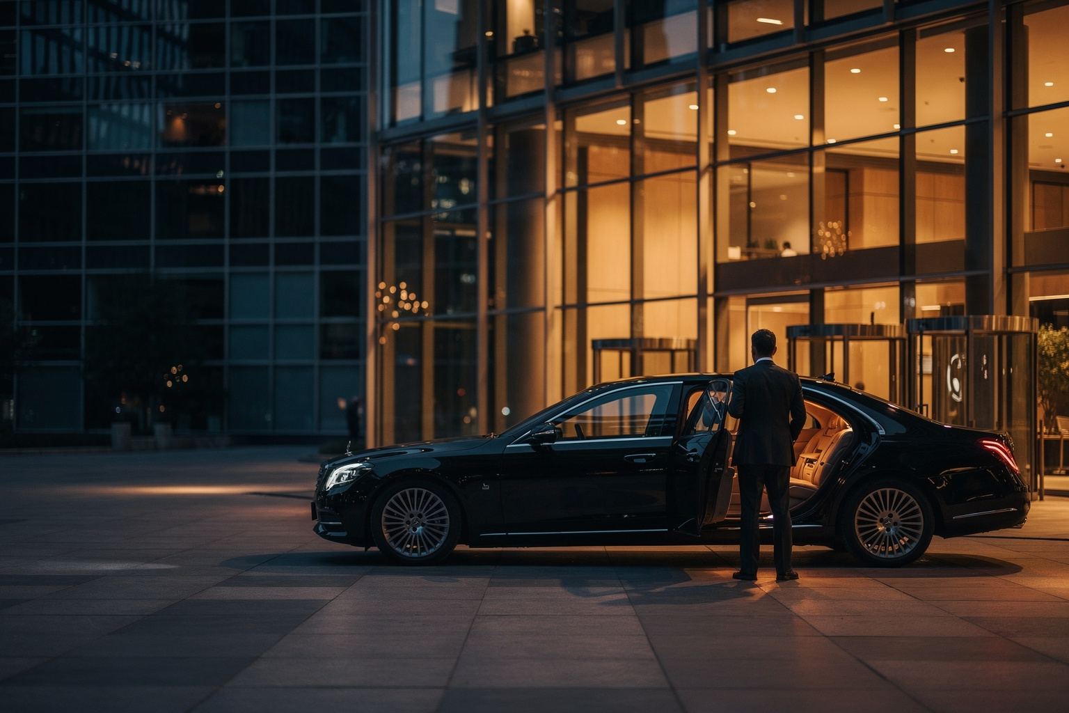 A chauffeur holding the door of a black executive car outside an office tower
