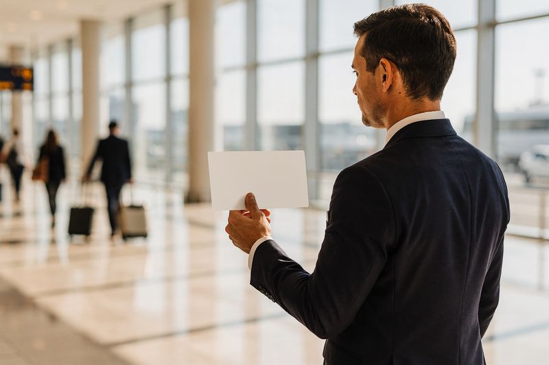 A chauffeur waiting in an airport arrivals hall