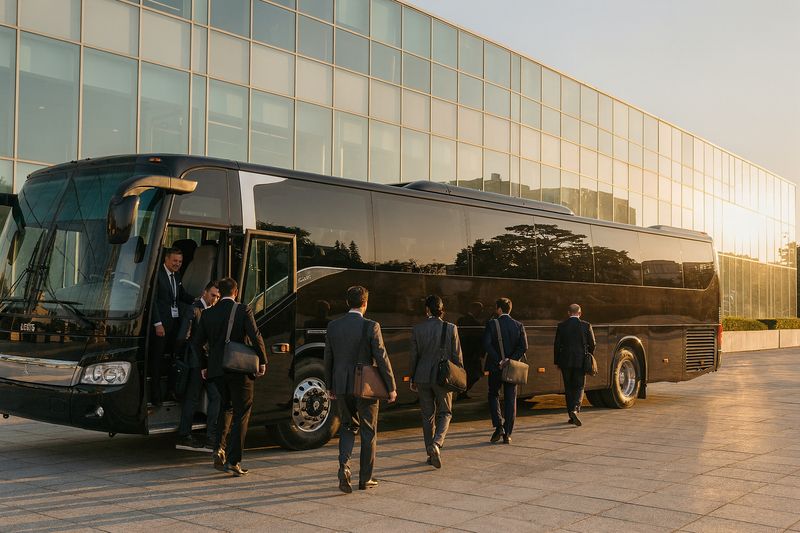 Business delegates boarding a black coach outside a convention centre