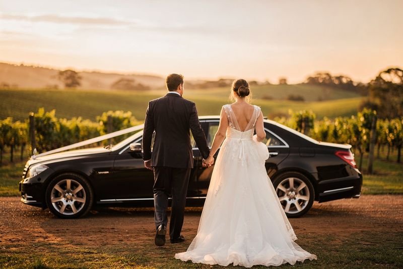 A bride and groom walking to a black wedding car in a vineyard