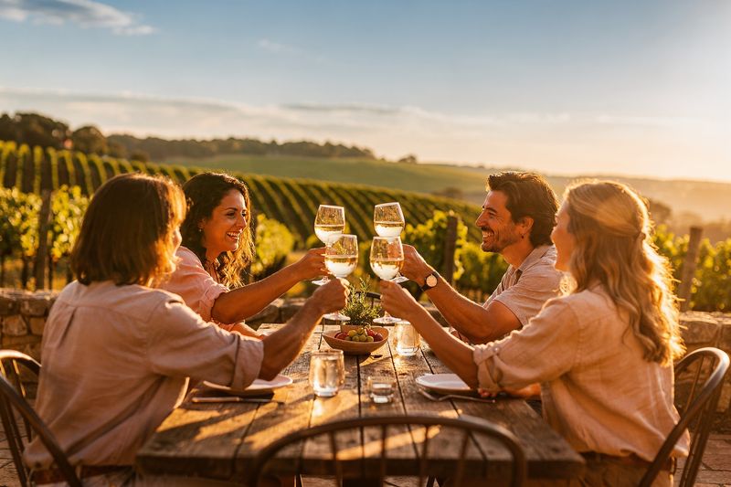 Friends raising glasses of white wine at a vineyard table at sunset